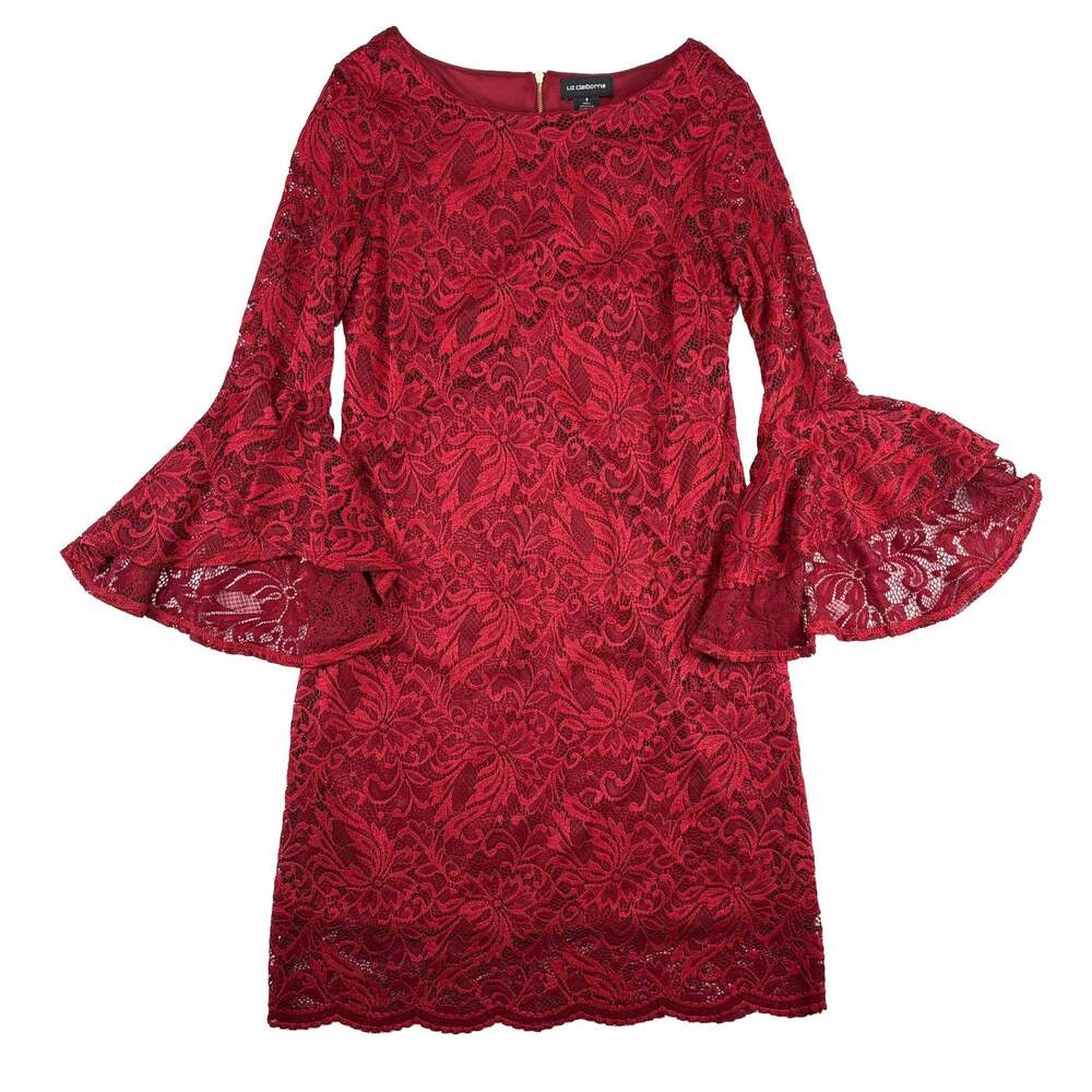 Liz Claiborne Red Lace Dress Women 8 Bell Sleeve Cocktail Holiday Romantic